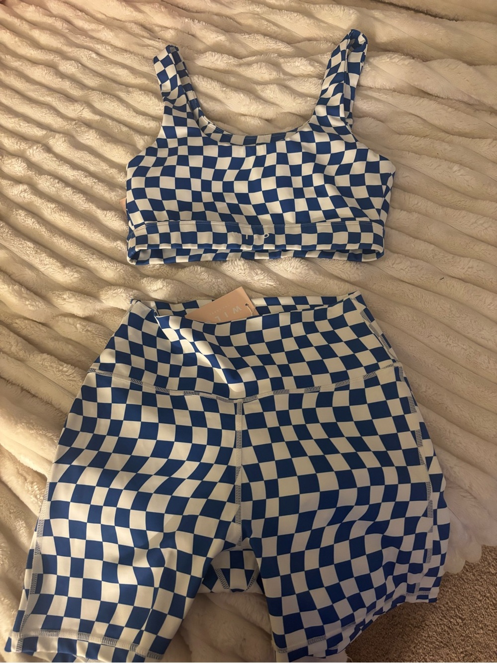 Blue & White Check Athletic Bike Shorts Set - Women